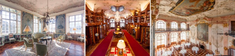 Inside Leopoldskron palace: the Chinese Room for classes, the Library for studying, the Great Hall for dining